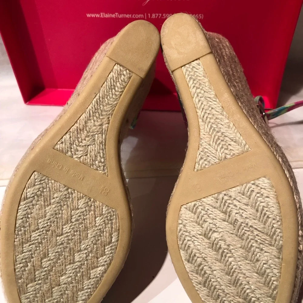 NWT in box Elaine Turner Pink, Green & Blue Batik Print Espadrille Wedge Sandals